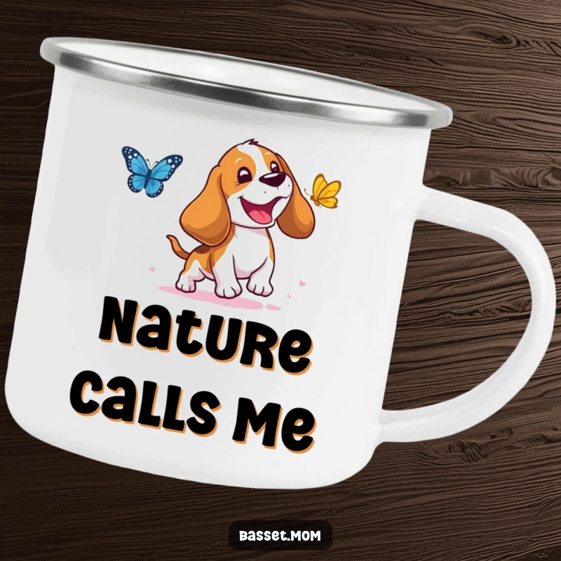 Funny Basset Hound Camping Mug: A droopy-eared dog joyfully chasing a butterfly, ideal for outdoor fun, a humorous funny gift.