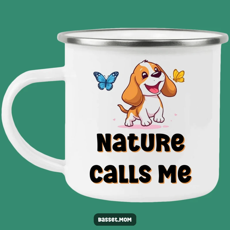 Funny Basset Hound Camping Mug: Adventure with a Droopy-Eared Butterfly Chaser