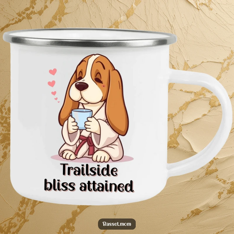 Funny Basset Hound camping mug, a dog in a robe with tea, for outdoor adventures.