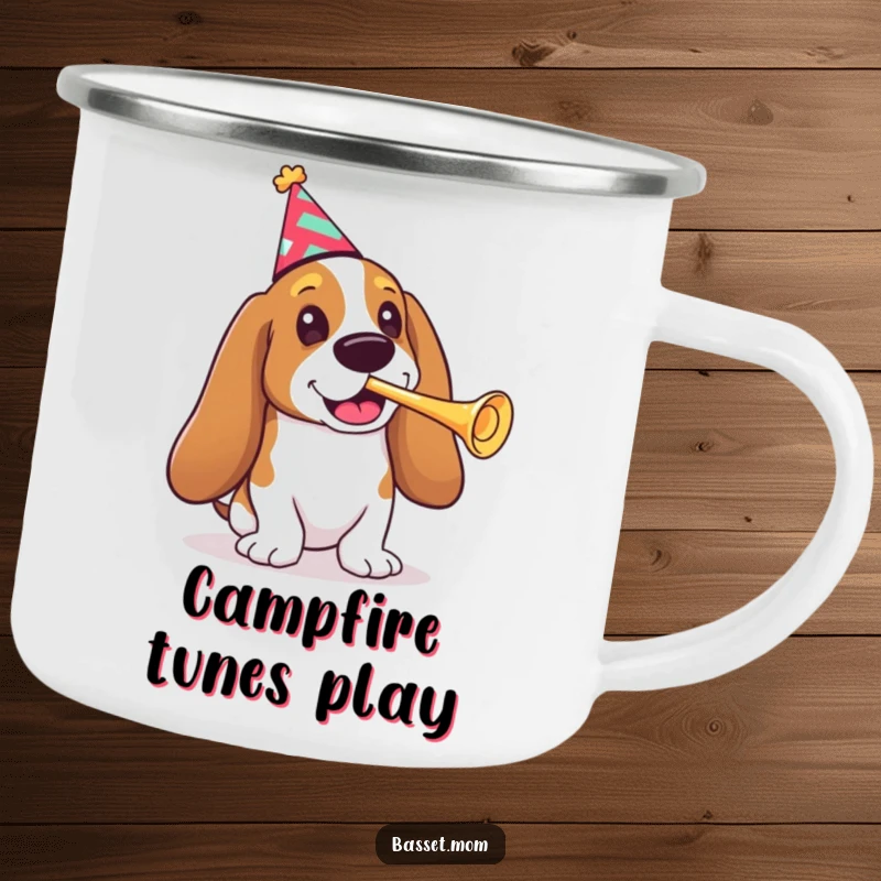 Funny Basset Hound camping mug, a dog in a party hat playing a tiny trumpet, perfect for outdoor celebrations.