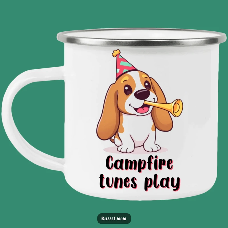 Funny Basset Hound Party Camping Mug - Adventurous Dog Gift with Party Hat & Trumpet