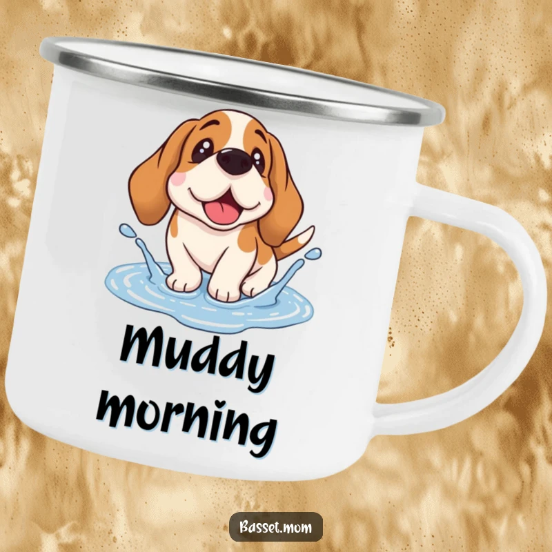 Funny Basset Hound camping mug showing a droopy-eared dog happily splashing in a puddle, ready for outdoor escapades.