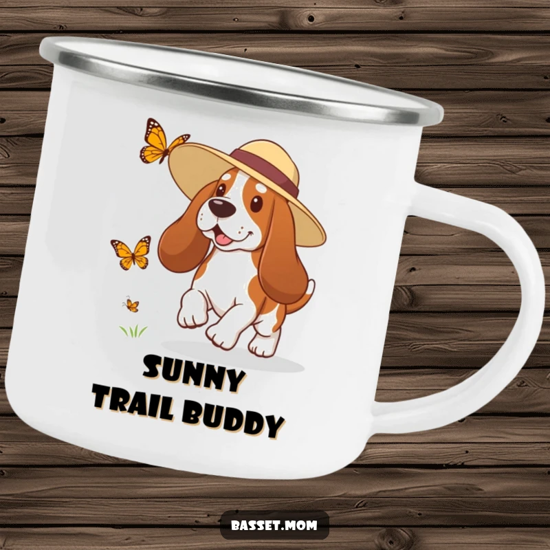 Funny Basset Hound camping mug with a dog in a sun hat playfully chasing a butterfly, ready for outdoor fun.