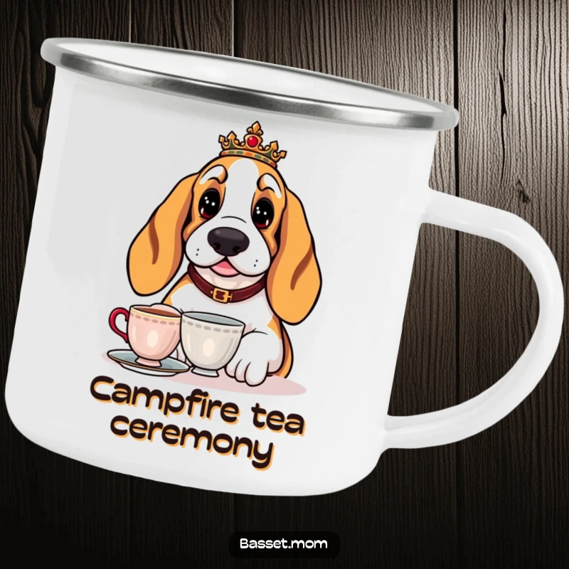 Funny Basset Hound camping mug with a regal dog enjoying a cup of tea, perfect for sophisticated outdoor moments.