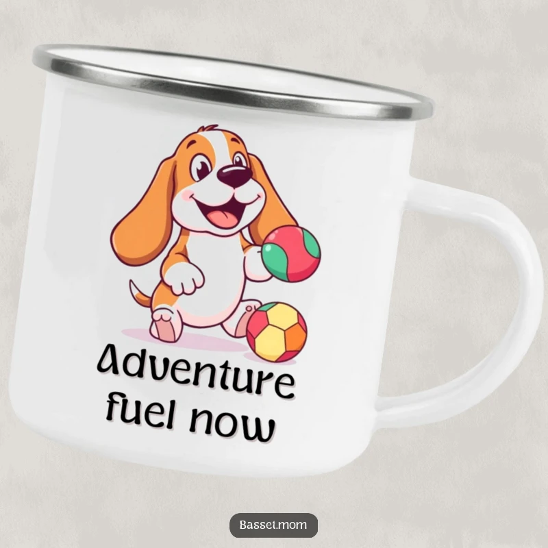 Funny Basset Hound camping mug, cheerful expression, bouncing a colorful ball, for enjoying outdoor drinks with a dose of doggy joy.