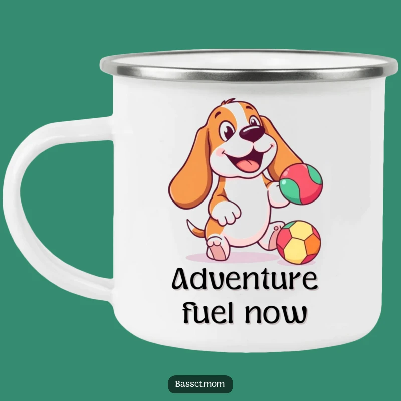 Funny Cheerful Basset Hound Camping Mug: Bouncing Ball - Outdoor Fun Funny Gift