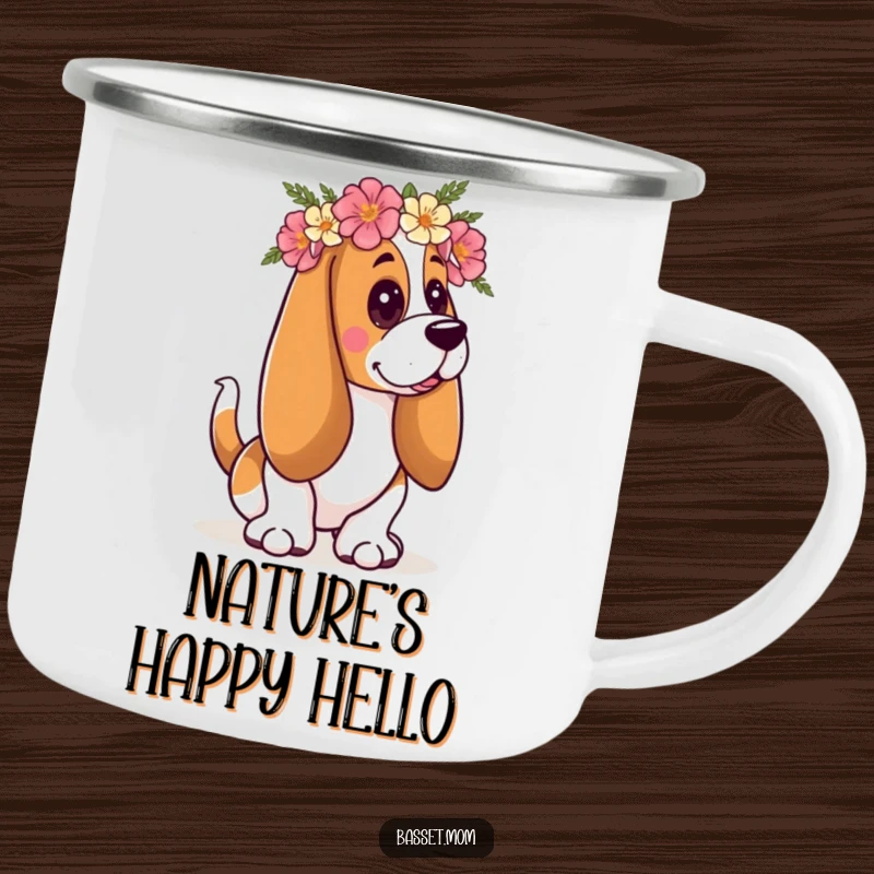 Funny Basset Hound camping mug featuring a dog with a floral crown, wagging its tail, designed for happy outdoor sipping.