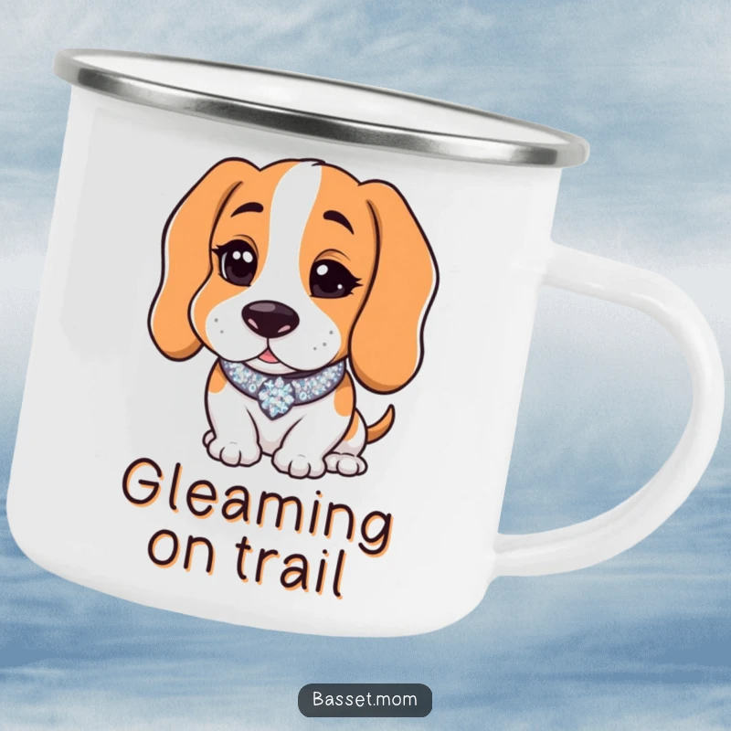 Funny Basset Hound with a sparkly collar winking charmingly, on a durable camping mug, bringing playful charm to outdoor settings.