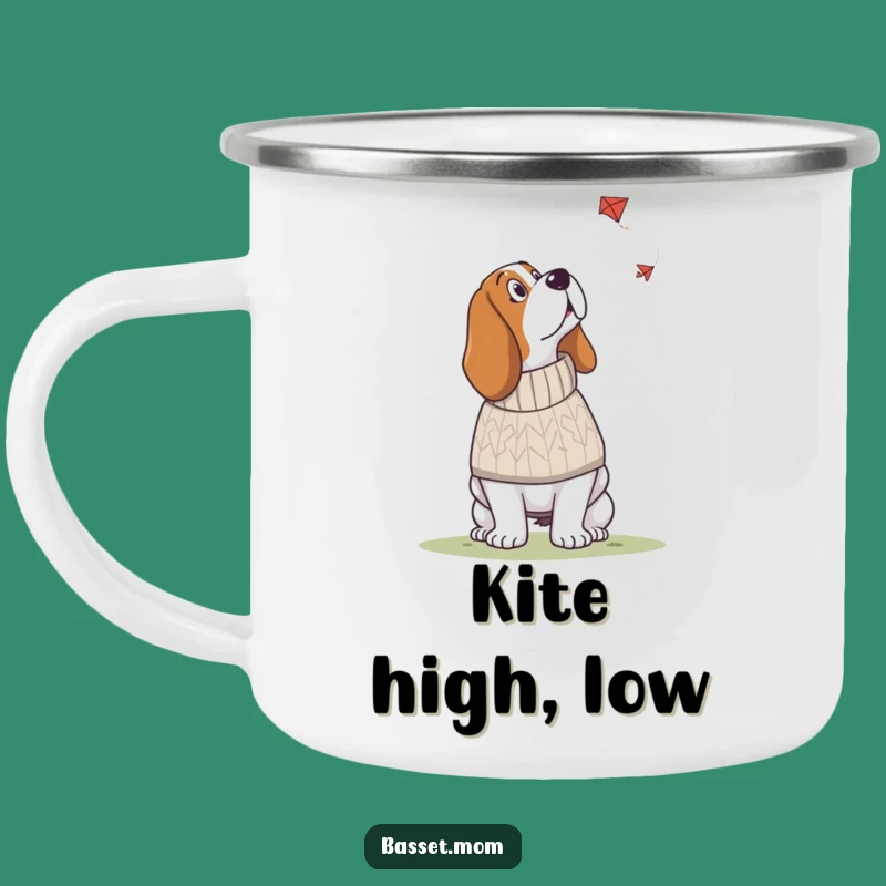 Funny Basset Hound Camping Mug: Sweater Pup and Kite Gazing