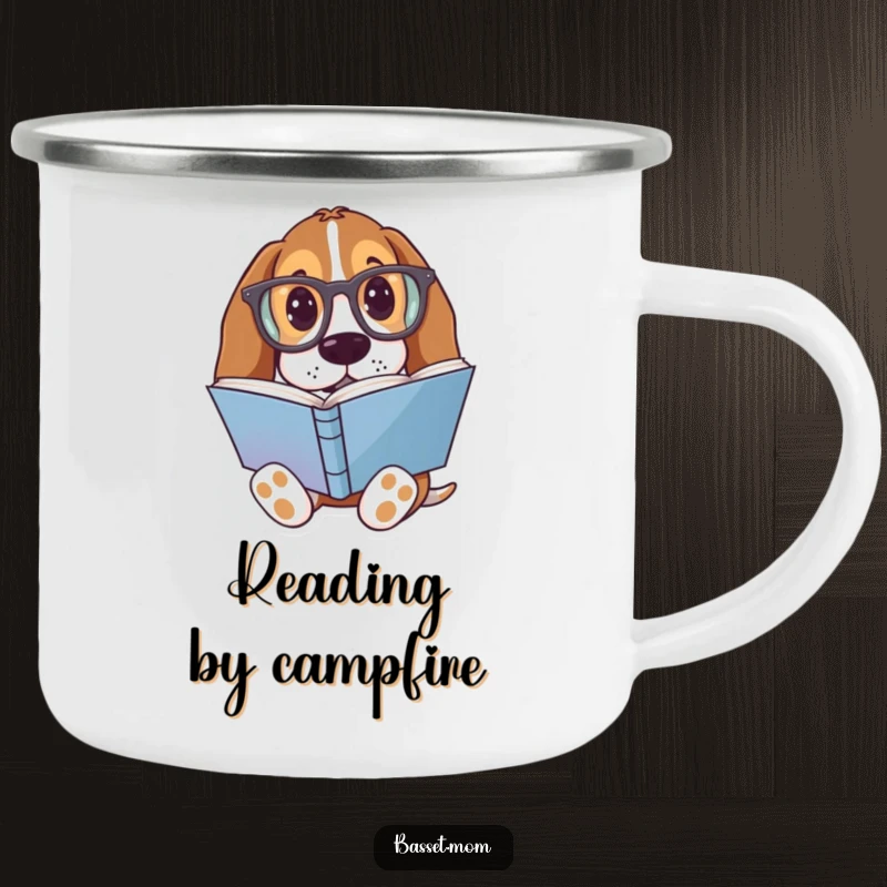 Funny Basset Hound Camping Mug: A dog with oversized glasses reading a book, for outdoor readers.