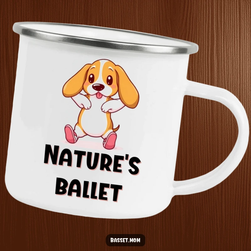 Funny Basset Hound in ballet slippers, dancing pose, metal enamel mug, humorous camping accessory.
