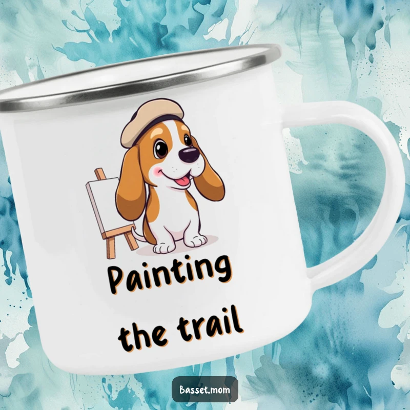 Funny Basset Hound Artist Camping Mug: A Basset hound in a beret painting a cheerful picture, perfect for outdoor art, a funny gift.