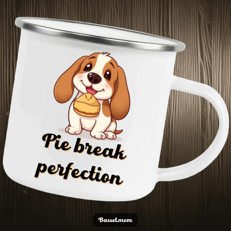 Funny Basset Hound camping mug showing a dog balancing a small pie on its nose, ready for an outdoor escapade with a cheerful attitude.