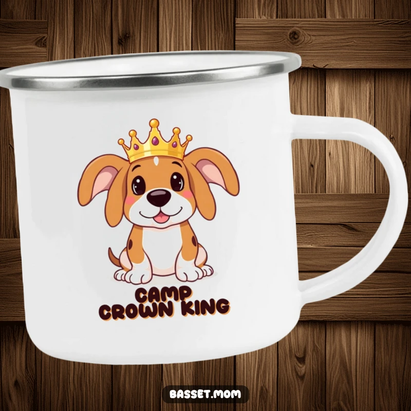 Funny Basset Hound camping mug showing a dog wearing a tiny crown, looking regal yet ready for adventure in the great outdoors.