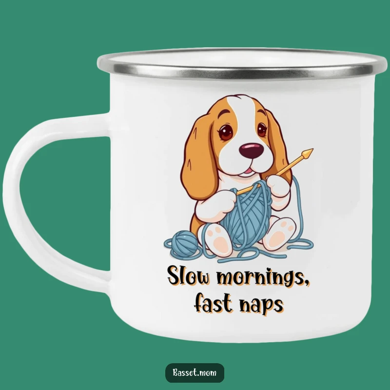 Funny Basset Hound Knitting Enamel Mug: Hilarious Yarn Adventure, Outdoor Fun, Perfect Gift!
