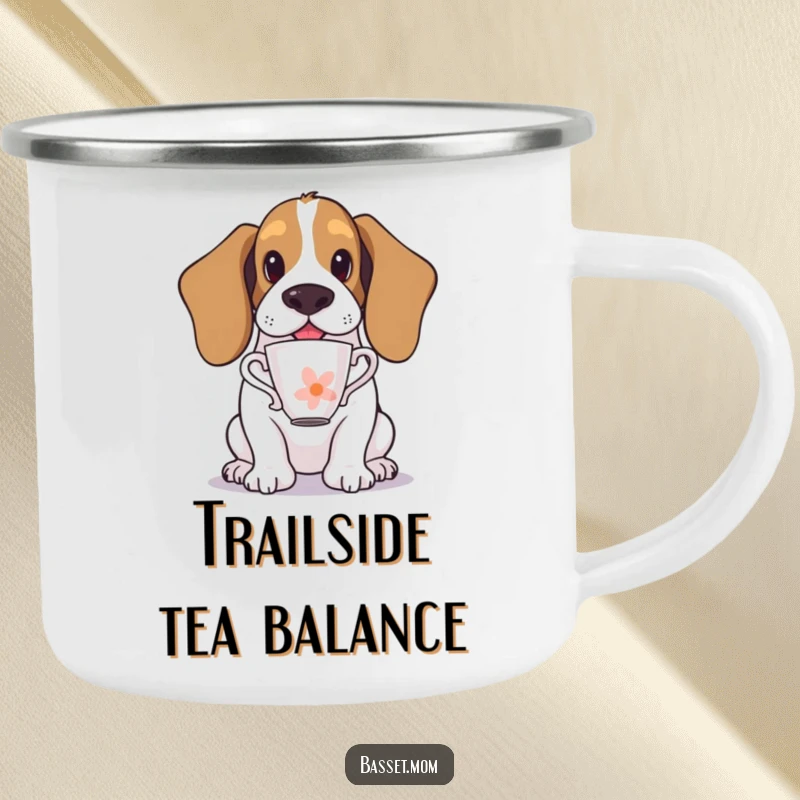 Funny Basset Hound camping mug showing a dog balancing a teacup on its nose, a comical yet steady image for outdoor enjoyment.