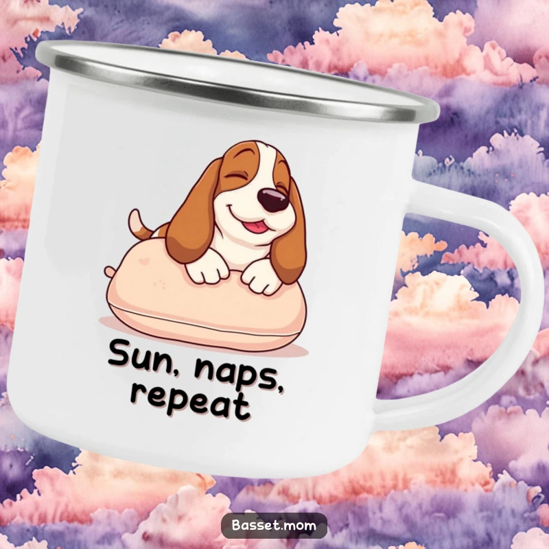 Funny Basset Hound camping mug showing a happy dog sunbathing on a pillow, perfect for enjoying beverages during outdoor adventures.