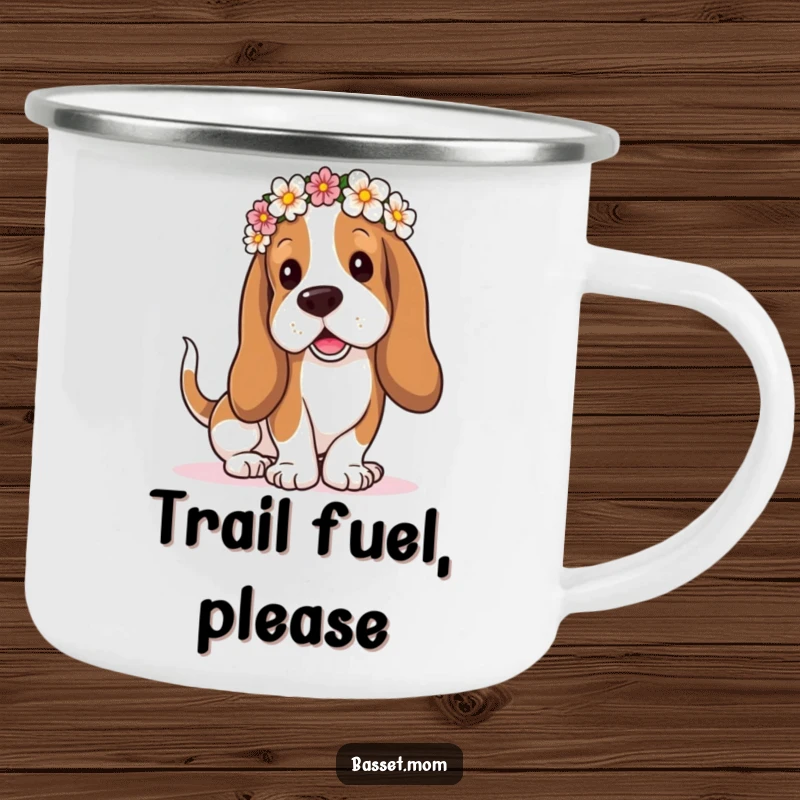 Funny Basset Hound camping mug, droopy ears in a flower crown, tail wagging playfully, for enjoying hot drinks outdoors with a smile.