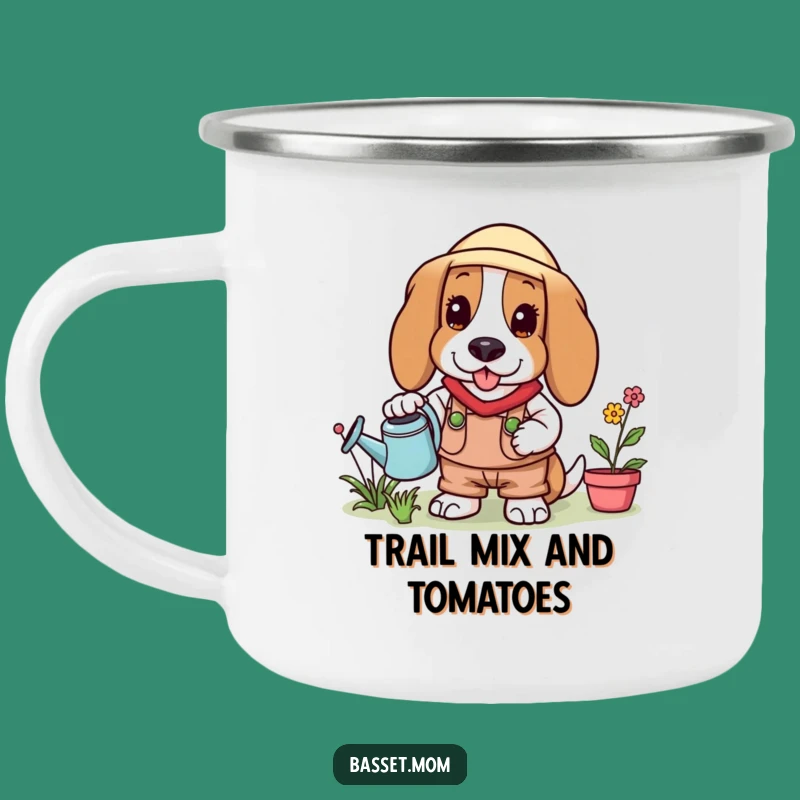 Funny Basset Hound Gardener Enamel Mug: Hilarious Outdoor Companion, Perfect Gift!