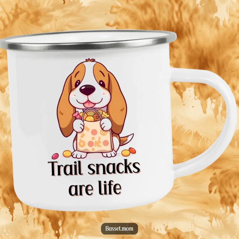 Funny Basset Hound with a shopping bag full of treats, printed on a sturdy enamel camping mug.