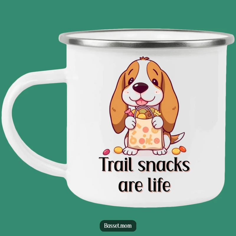Funny Basset Hound Treat Haul Enamel Mug: Hilarious Camp Bites, Perfect Gift!