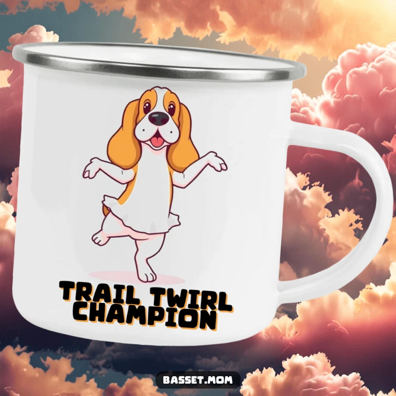 Funny Basset Hound camping mug showing a dog in a ballet pose with a wobble, adding humorous artistic flair to outdoor drinks.