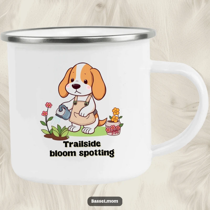 Funny Basset Hound camping mug featuring a dog in a gardening apron watering a flower, designed for happy outdoor gardening moments.