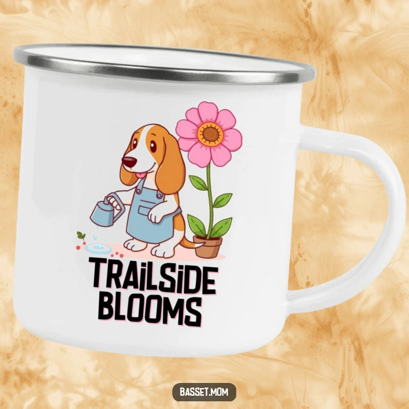Funny Basset Hound camping mug with a dog in a gardening apron watering a giant flower, ready for outdoor gardening fun.