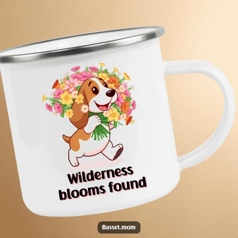 Funny Basset Hound camping mug, a dog happily carrying flowers, for outdoor enjoyment.