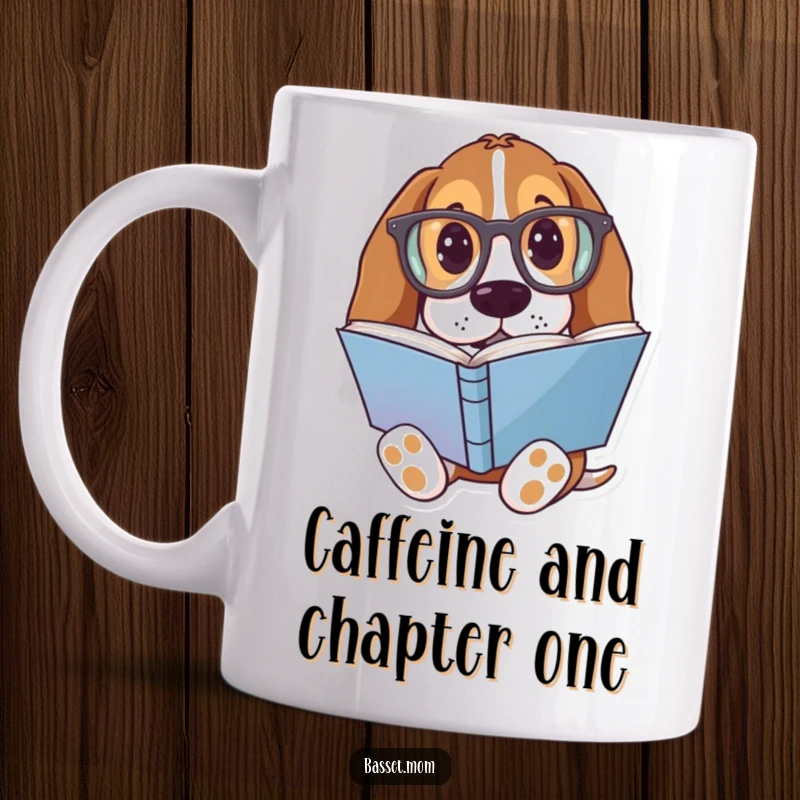 Funny Basset Hound Mug: A dog with oversized glasses reading a colorful book, a reader's delight.