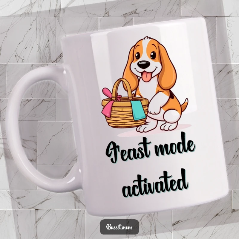 Funny Basset Hound mug, with a happy expression, perfectly balancing a picnic basket, ready for outdoor fun and snacks.