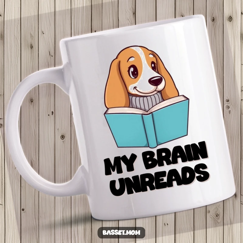 Funny Basset Hound mug, a dog in a knitted sweater, peeking curiously from behind a large book, embodying a cozy reader.