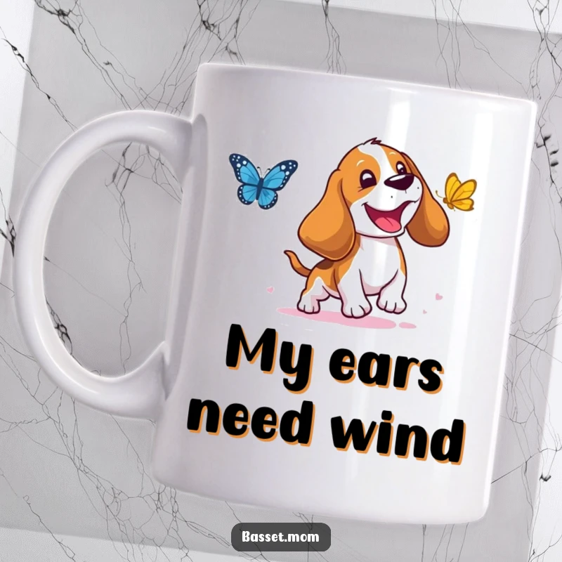 Funny Basset Hound Mug: A droopy-eared dog joyfully chases a butterfly, capturing pure, unadulterated happiness for a humorous gift.