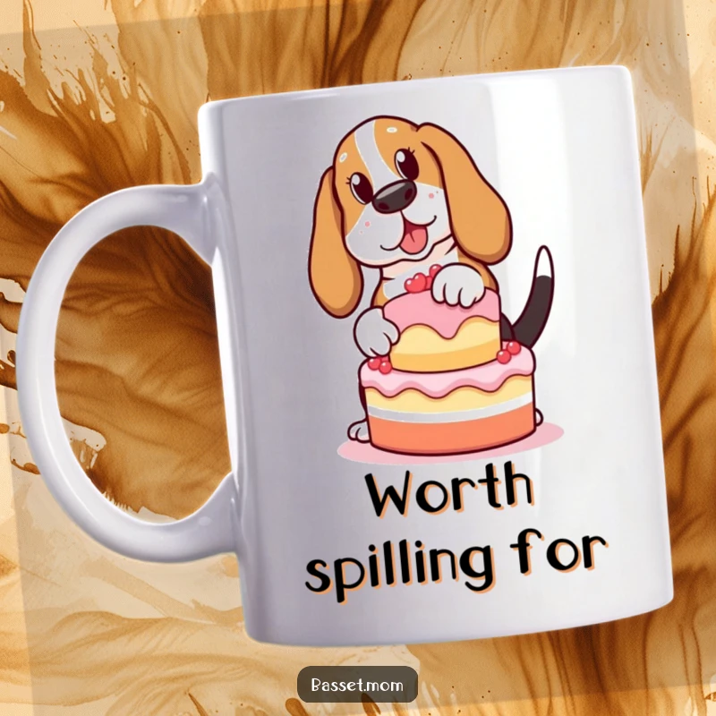 Funny Basset Hound mug, a cute dog with a wagging tail struggling to balance a cake, perfect for dog lovers. A comical scene.
