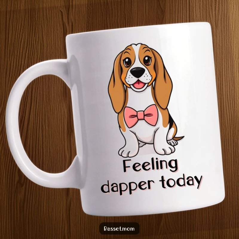 Funny Basset Hound mug, showcasing a dog wearing a tiny bowtie and striking a proud, elegant pose. A stylish canine.