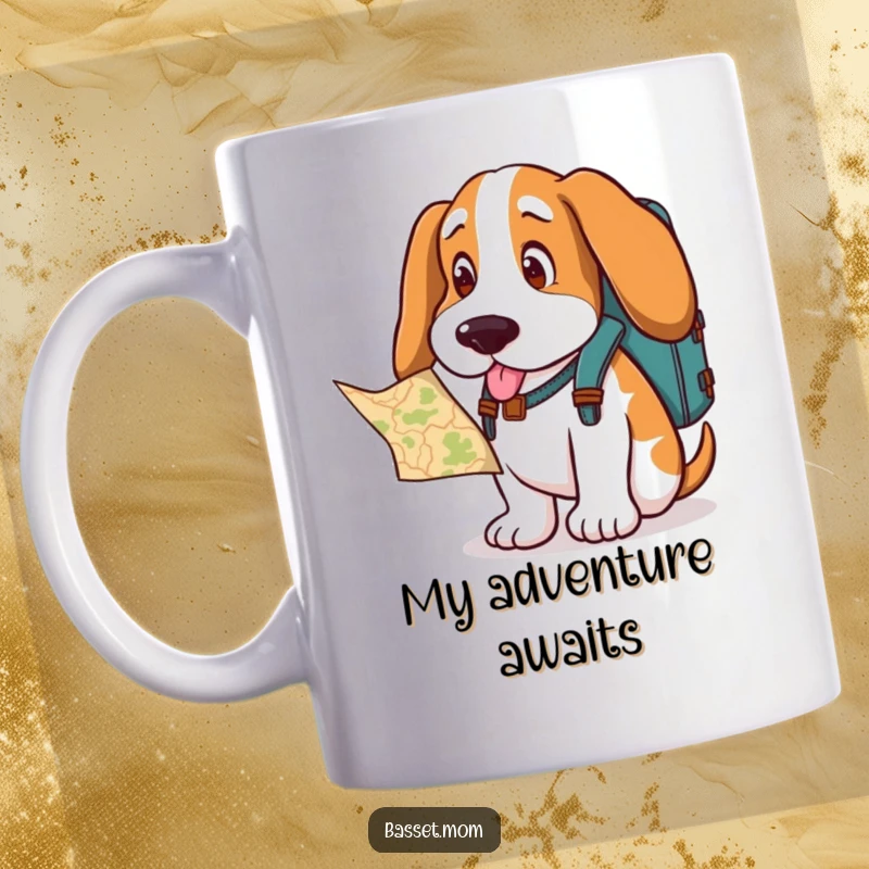 Funny Basset Hound mug, a dog with a backpack, intently studying a map with a curious expression, ready for adventure.