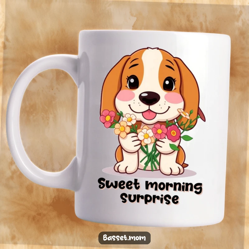 Funny Basset Hound mug, a dog with rosy cheeks offering a flower bouquet, symbolizing love and sweetness, a charming gift.