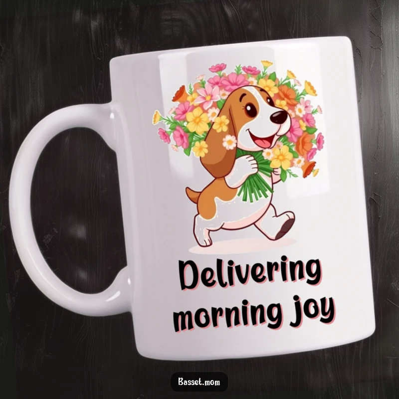 Funny Basset Hound mug, a dog happily waddling with a huge bouquet of flowers, conveying joy.