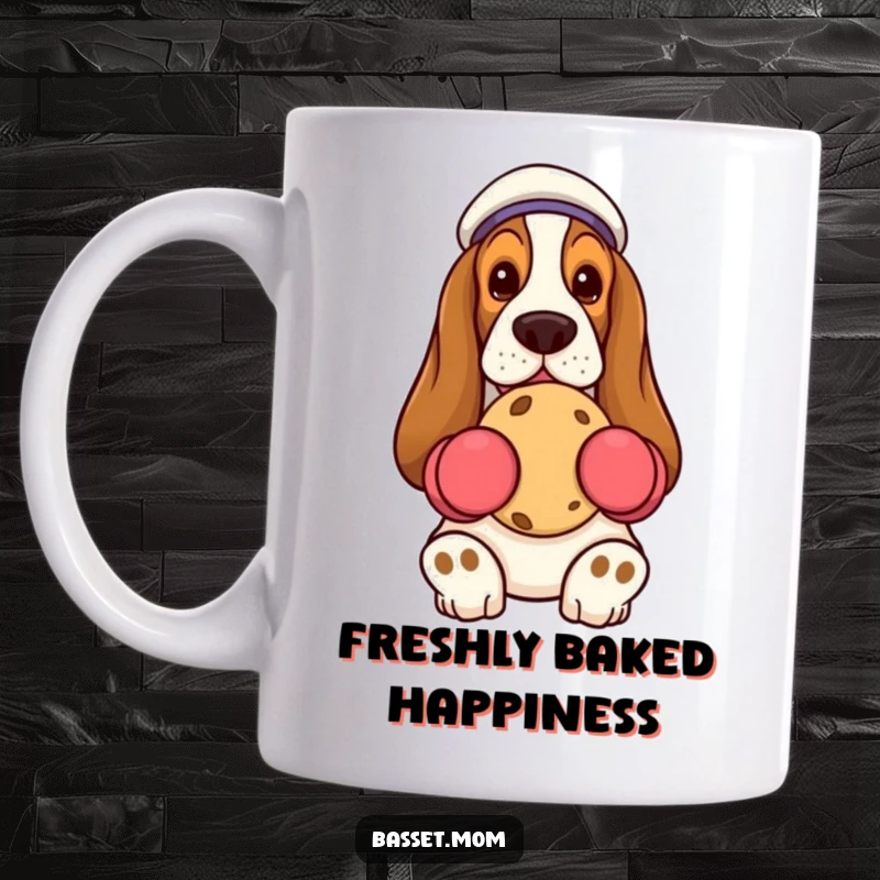 Funny Basset Hound wearing oven mitts, holding a single cookie, humorous dog mug, gift for cookie lovers.