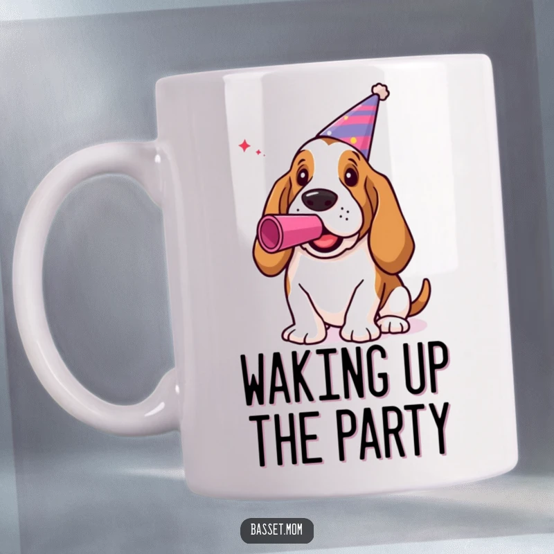 Funny Basset Hound Mug: A dog in a party hat blowing a noisemaker, ready for celebration.