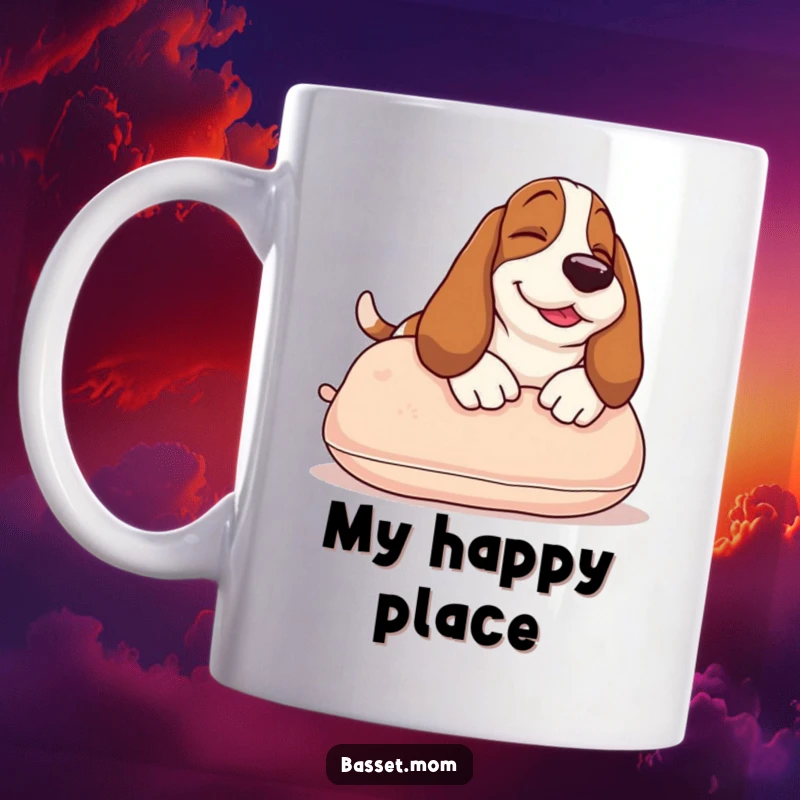 Funny Basset Hound mug showing a smiling dog contentedly sunbathing on a soft pillow, radiating pure happiness and relaxation.
