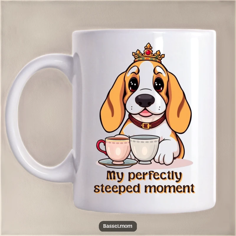 Funny Basset Hound mug with a regal expression, elegantly enjoying a cup of tea, conveying sophisticated humor and relaxation.
