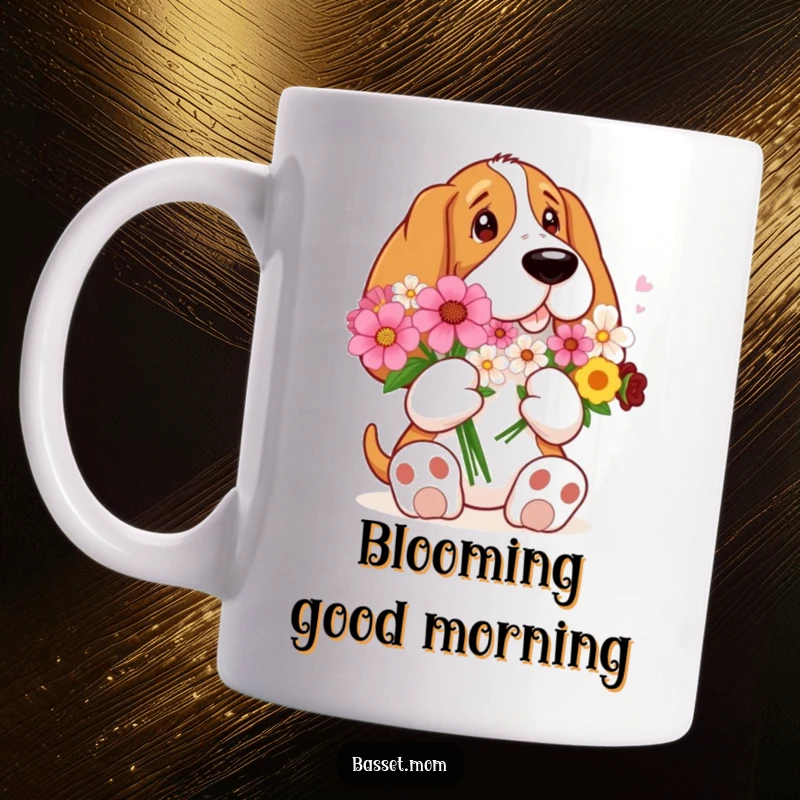 Funny Basset Hound with comically big paws gently holds a beautiful bouquet of flowers on this heartwarming mug.