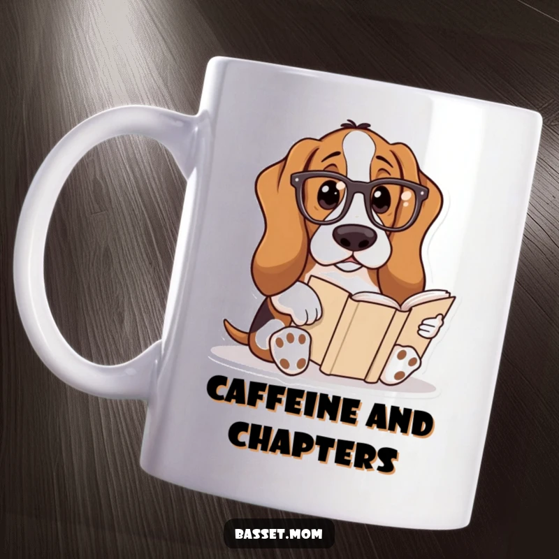 Funny Basset Hound mug depicting a hound wearing reading glasses, engrossed in a book, embodying a love for literature.