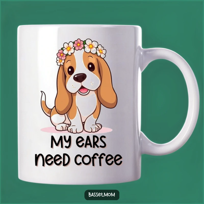 Funny Flower Crown Basset Hound Mug: A Droopy-Eared Pal Wagging Tail Funny Gift