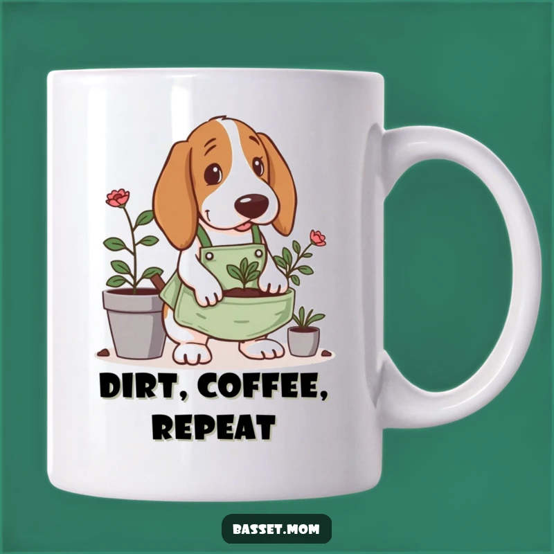 Funny Gardening Basset Hound Mug: Tiny Apron Digging - Gardener's Funny Gift