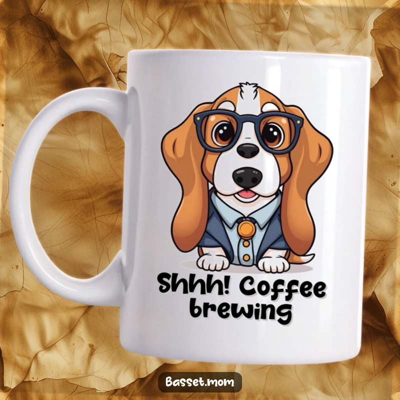 Funny librarian Basset Hound mug with a dog in glasses and a cardigan, looking studious, ideal for book lovers and humor enthusiasts.