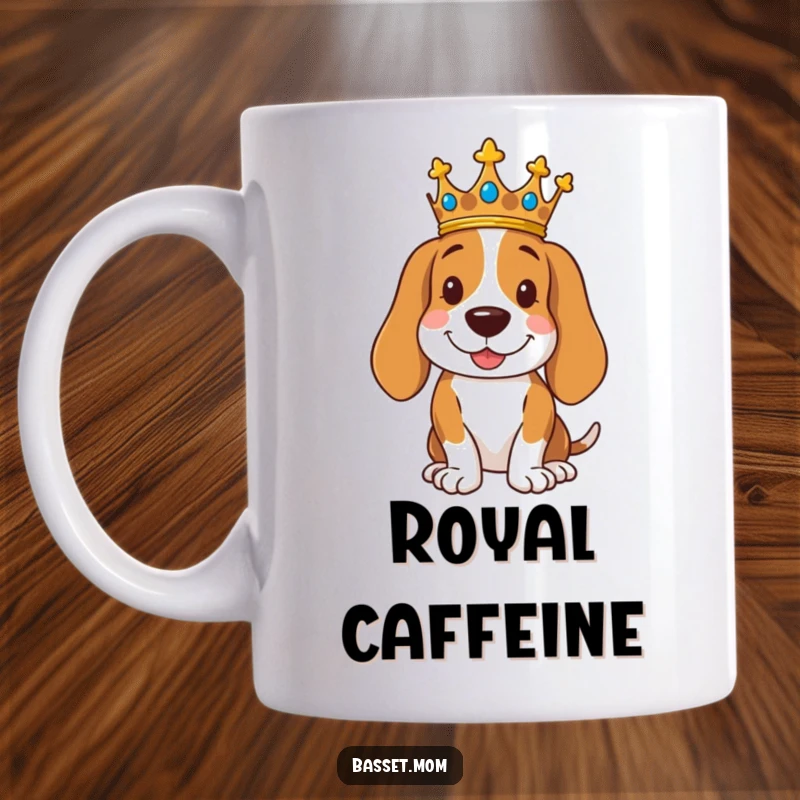 Funny royal Basset Hound mug wearing a crown, posing regally with a smile, embodying canine nobility and charm.