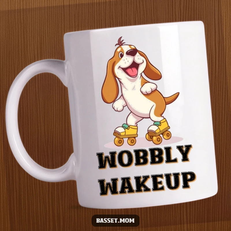 Funny Basset Hound joyfully wobbling on roller skates, radiating pure happiness and humorous energy on this delightful mug.