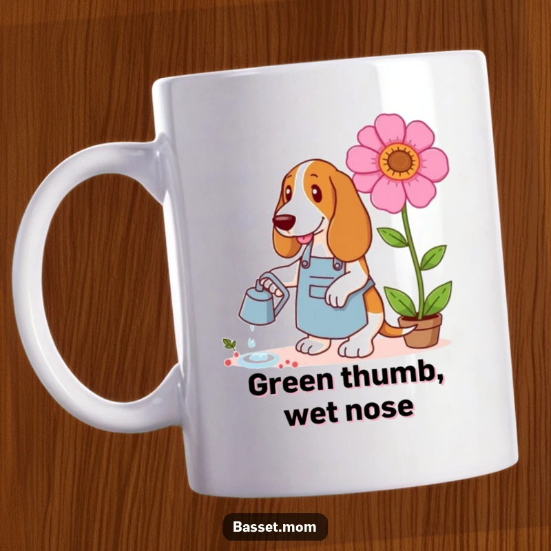 Funny Basset Hound mug showing a dog in a gardening apron watering a giant flower, embodying horticultural humor and dedication.
